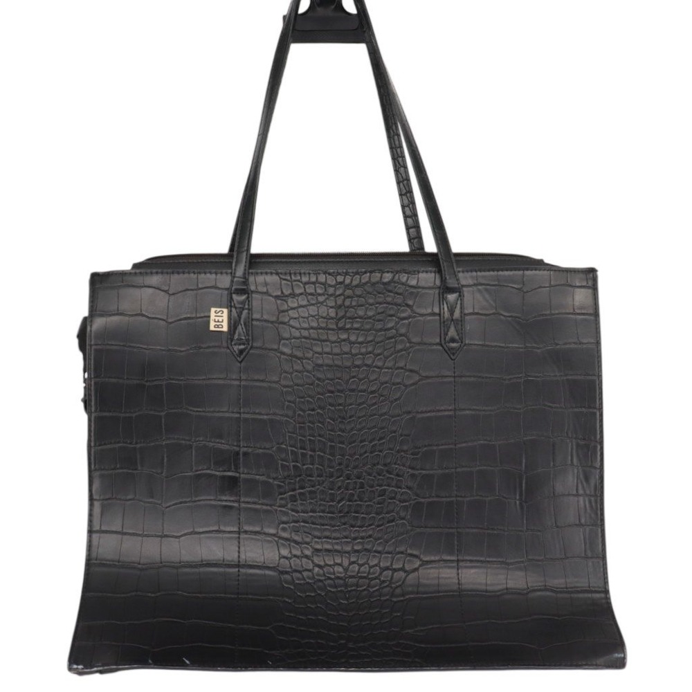 BEIS The Work Tote Black Croc Embossed Vegan Leather Laptop Bag Travel Carryall